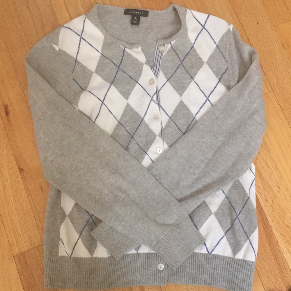 Lands End Argyle grey, white, and blue Cardigan